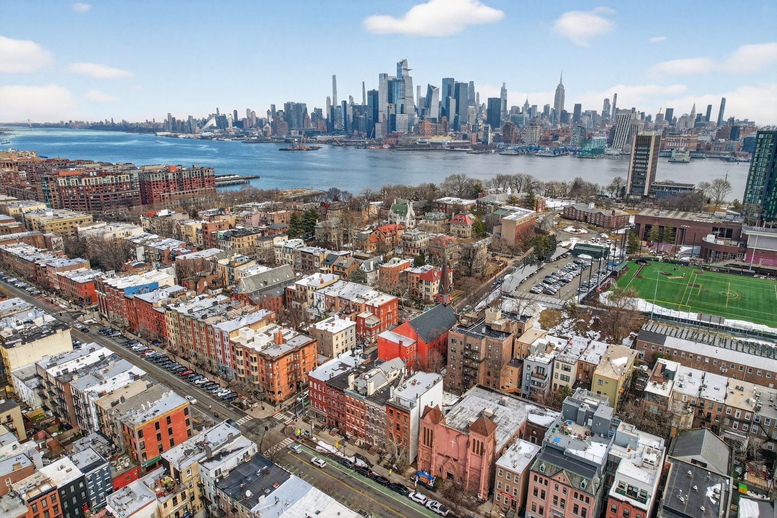 Aerial drone photo over Hoboken, NJ looking toward the Manhattan skyline